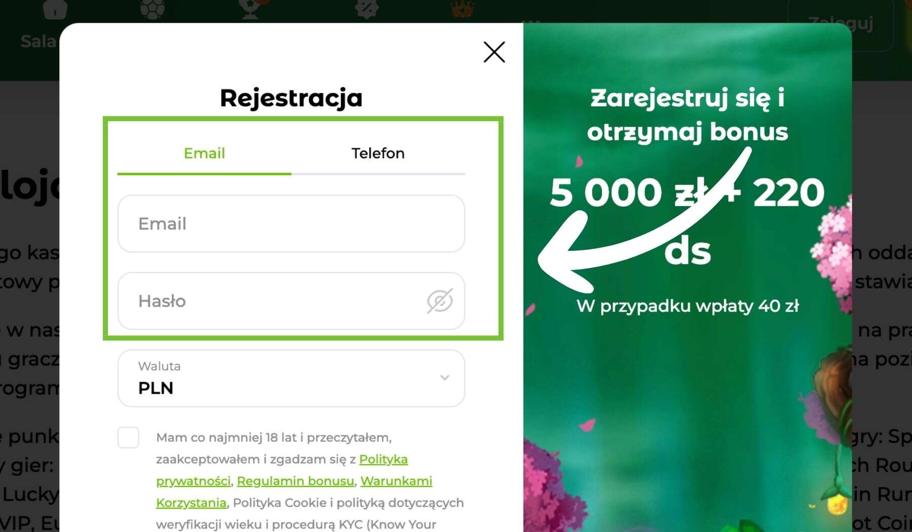 W wyświetlonym oknie wprowadź podstawowe dane Verde Casino w Polsce